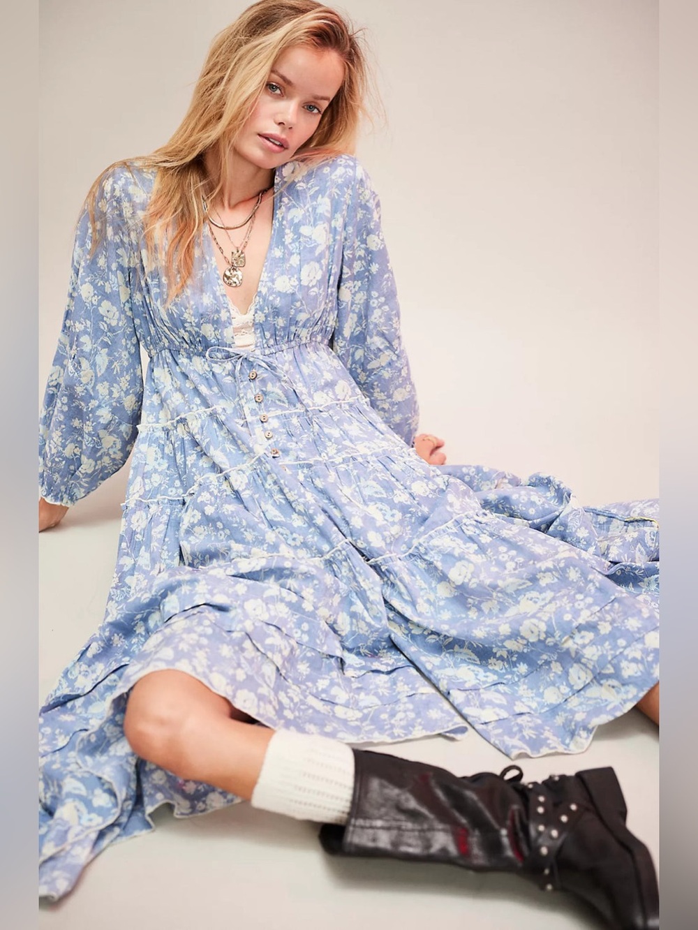 NWT FREE PEOPLE Pappiet Midi Dress | Blue Combo MSRP $168 Size L
